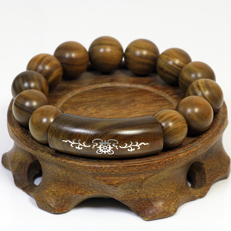 KarmaRipple's 999 Sterling Silver Green Sandalwood Om Mani Padme Hum Dragon Phoenix Dharmachakra Inlaid Peace Bracelet p35