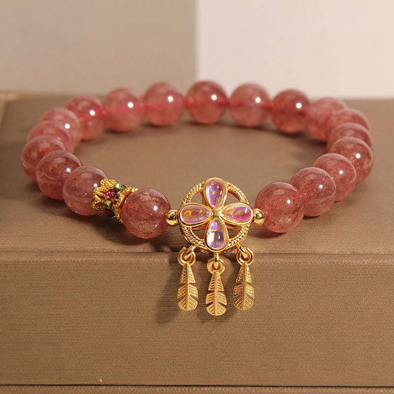 KarmaRipple's Authentic Strawberry Quartz Four Leaf Clover Dreamcatcher Talisman Love Bracelet p1