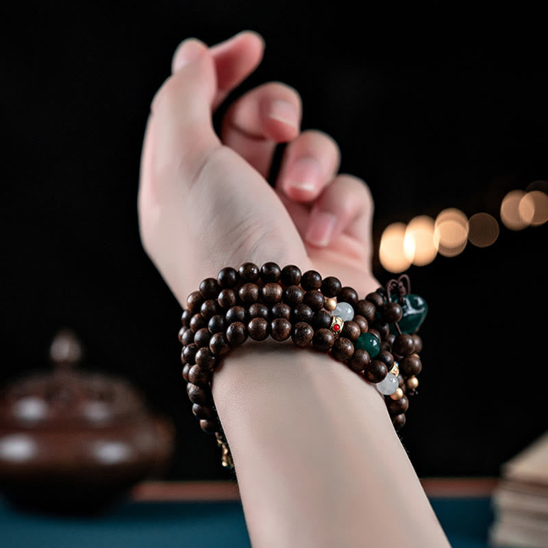 KarmaRipple's 108 Mala Beadwork Kalimantan Agarwood Laughing Buddha Peace Buckle Red Agate Jade Strength Bracelet p14