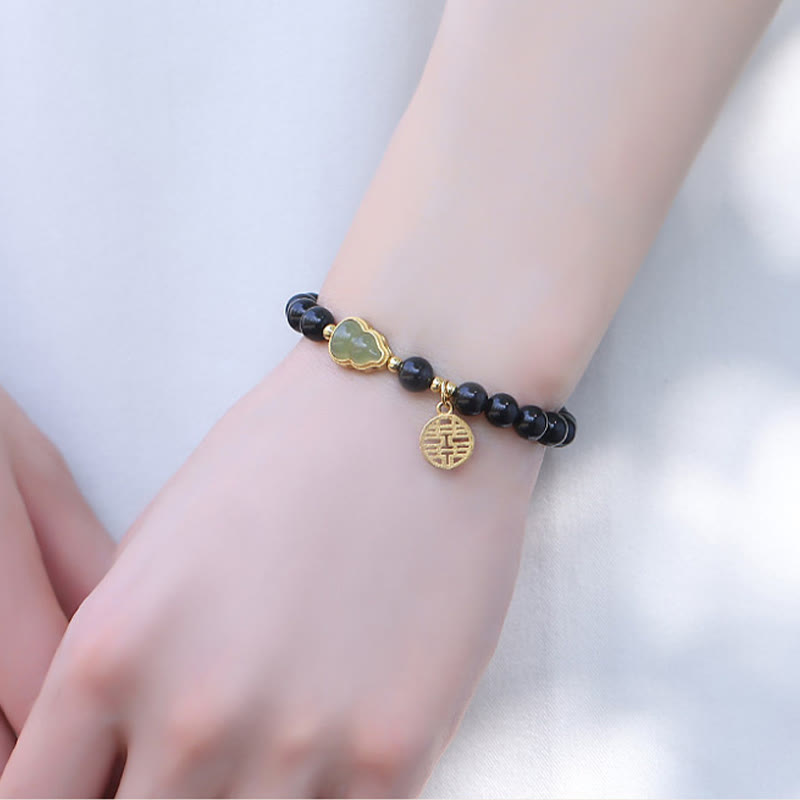 KarmaRipple's Authentic Black Obsidian Hetian Jade Gourd Double Happiness Strength Bracelet p13