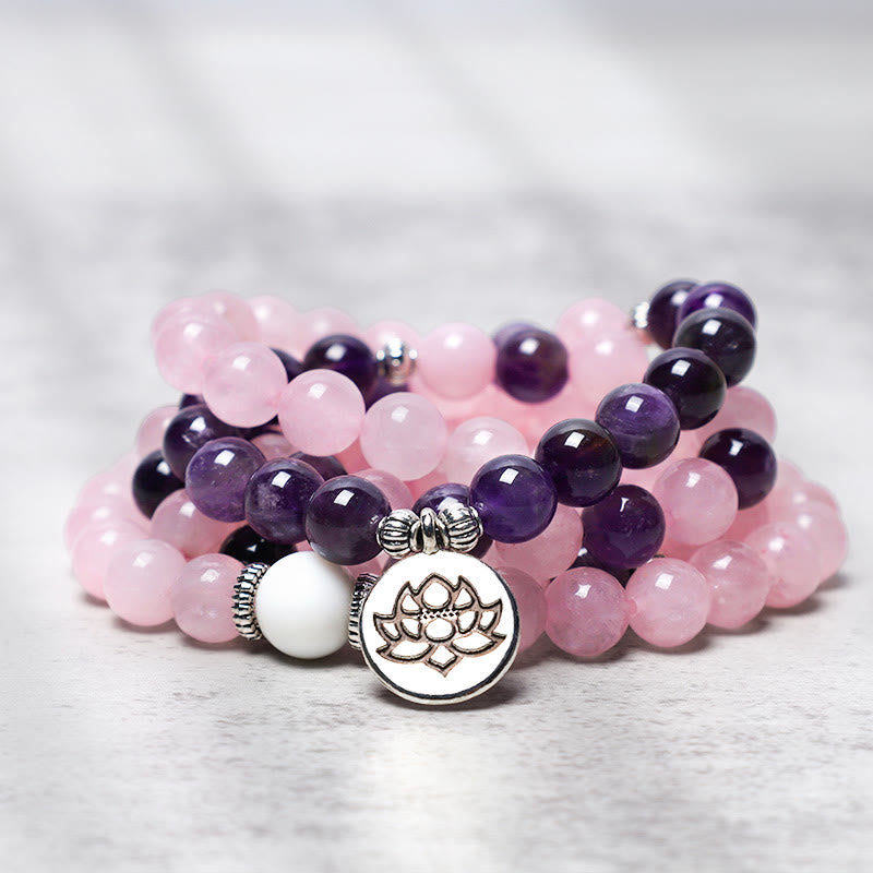 KarmaRipple's Authentic Rose Quartz & Amethyst Mala Bead Lotus Necklace Bracelet p13