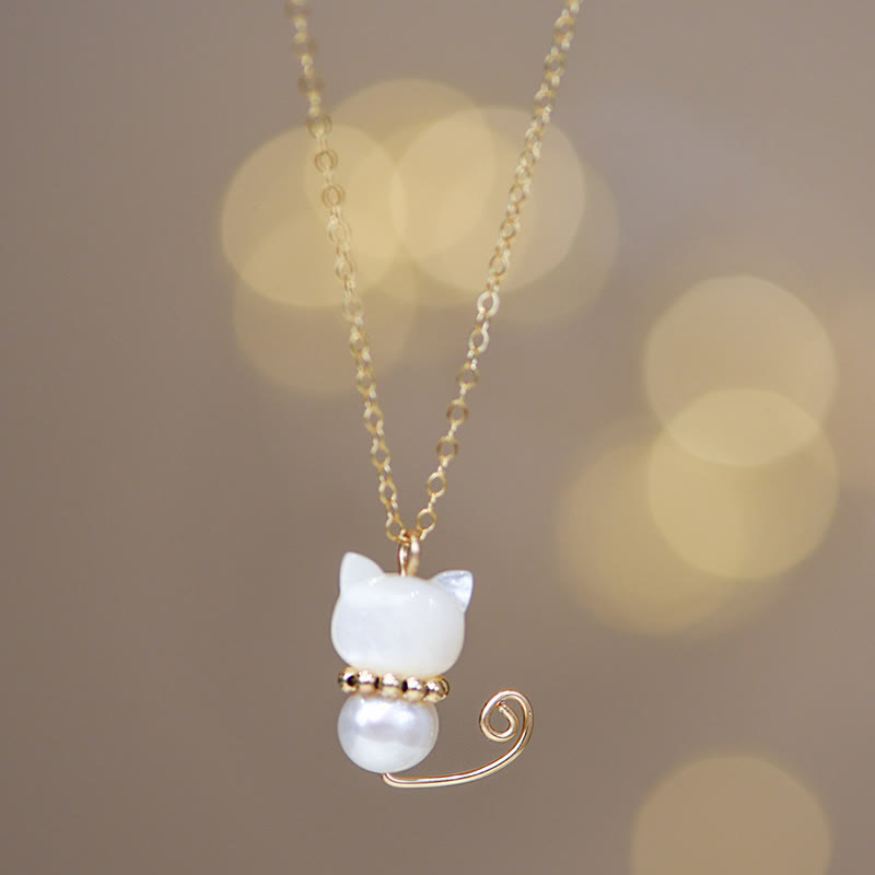 KarmaRipple's 14K Gold Plated Pearl Hetian Jade Shell Fortune Cat Kitten Pendant Necklace p1