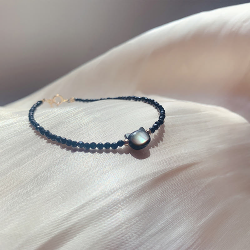 KarmaRipple's 14K Gold Plated Black Spinel Ivory Gemstone Cute Cat Tridacna Stone Balancing Bracelet p10