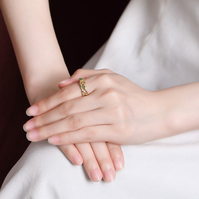 KarmaRipple's 925 Sterling Silver Plated Gold Cyan Jade Woven Design Success Fortune Adjustable Ring p5