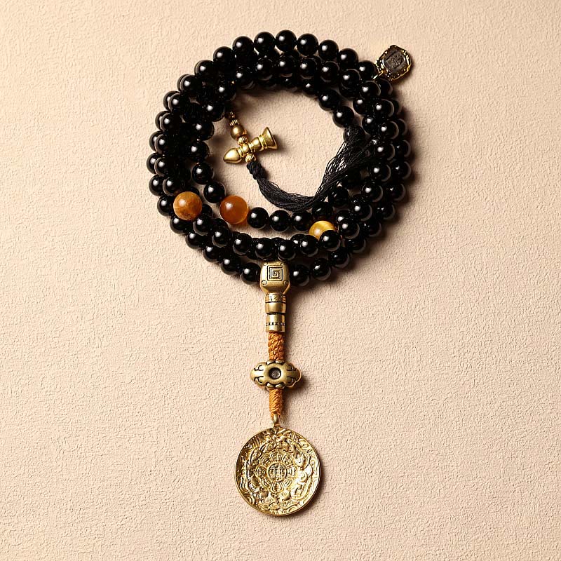 KarmaRipple's Tibetan 108 Mala Beadwork Black Onyx Tiger Eye Beadwork Nine Palaces Bagua Protection Bracelet p20
