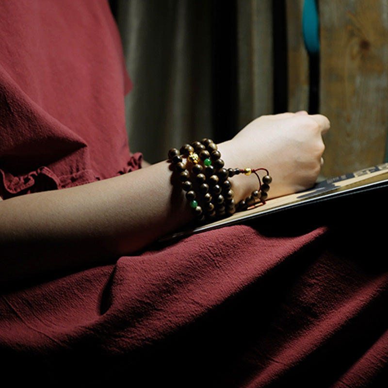 KarmaRipple's 999 Gold 108 Mala Beadwork Kalimantan Agarwood Cyan Jade Six True Words Strength Bracelet p7