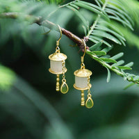 KarmaRipple's 925 Sterling Silver Jade Prayer Wheel Fortune Drop Earrings