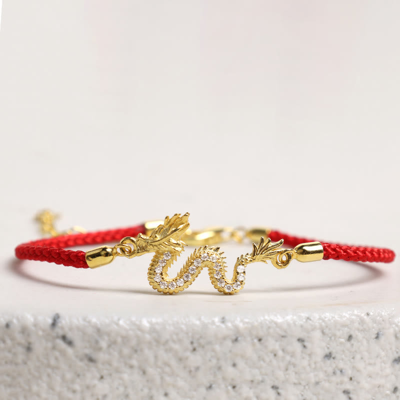 KarmaRipple's 925 Sterling Silver Year Of The Dragon Auspicious Golden Dragon Fortune Red Rope Chain Bracelet ( p8
