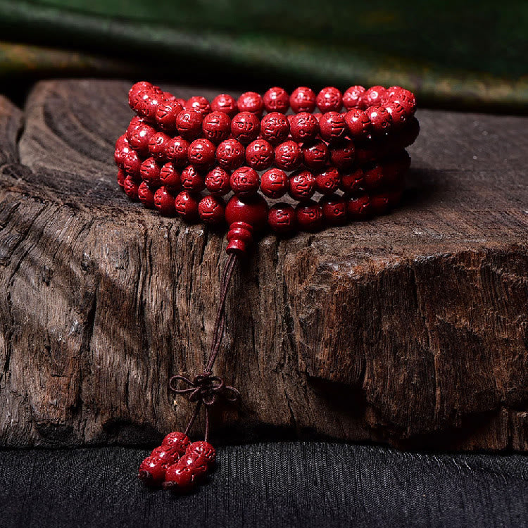 KarmaRipple's 108 Mala Beadwork Cinnabar Om Mani Padme Hum Pattern Engraved Blessing Bracelet p13