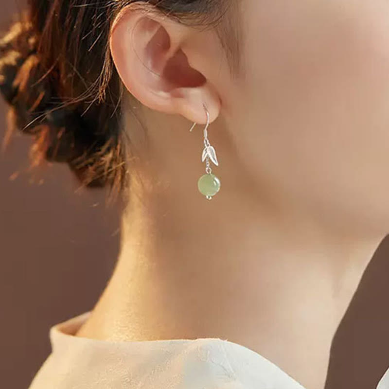 KarmaRipple's 999 Sterling Silver Hetian Jade Bead Bamboo Leaf Fortune Drop Dangle Earrings p4