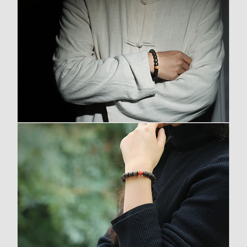 KarmaRipple's Nha Trang Rare Bai Qinan Agarwood Cyan Jade Red Agate Laughing Buddha Tibetan Bone Strength Meditation Bracelet p24