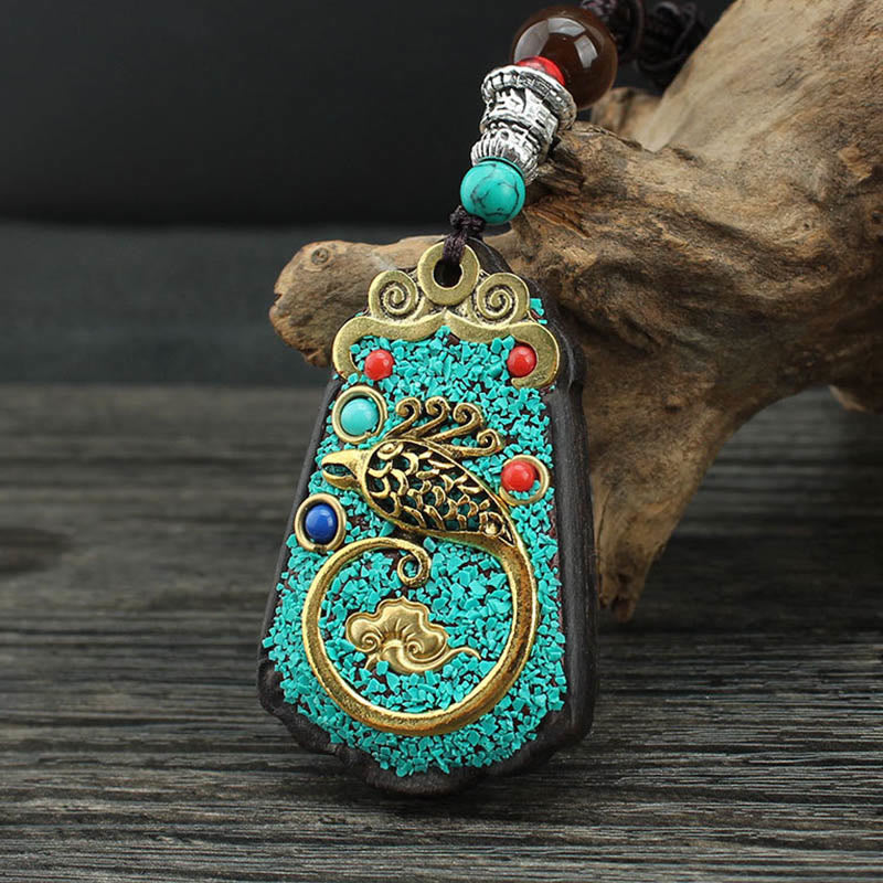 KarmaRipple's Tibet God Of Wealth Money Tree Golden Phoenix Thangka Ebony Peace Pendant Necklace p3