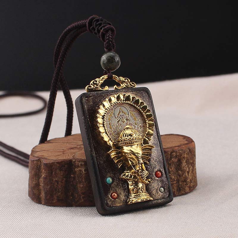KarmaRipple's Ebony Wood Elephant God of Fortune Buddha Blessing Pendant String Necklace p2