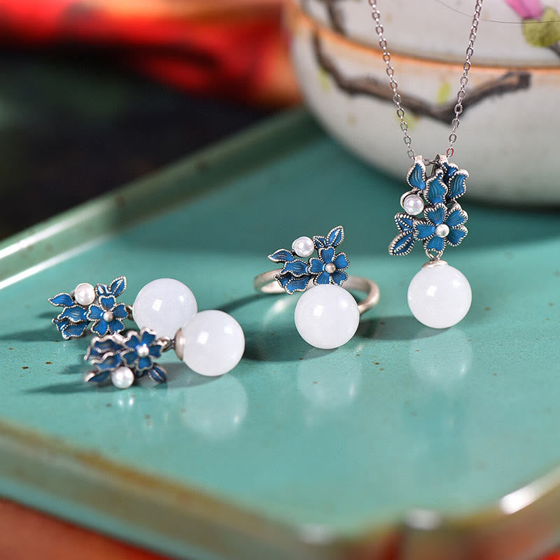 KarmaRipple's Ivory Jade 925 Sterling Silver Pearl Flower Blessing Pendant Necklace Ring Earrings p35