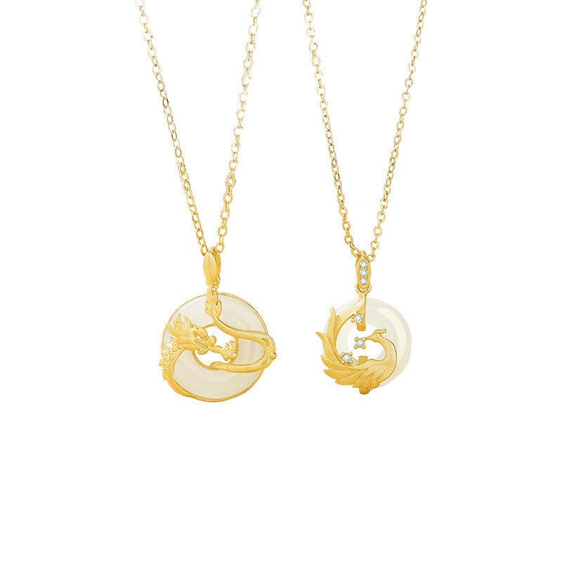 KarmaRipple's 925 Sterling Silver Year of the Dragon Hetian Jade Golden Dragon Phoenix Peace Buckle Fortune Pendant Necklace p9