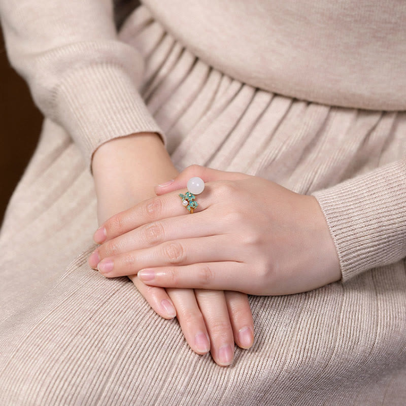 KarmaRipple's Ivory Jade 925 Sterling Silver Pearl Flower Blessing Pendant Necklace Ring Earrings p12