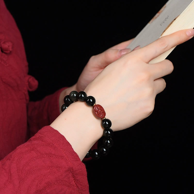KarmaRipple's Chinese Zodiac Natal Buddha Authentic Black Obsidian Cinnabar Purification Bracelet p26