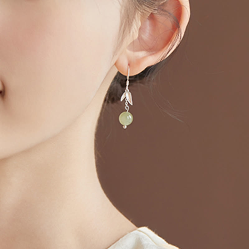 KarmaRipple's 999 Sterling Silver Hetian Jade Bead Bamboo Leaf Fortune Drop Dangle Earrings p8