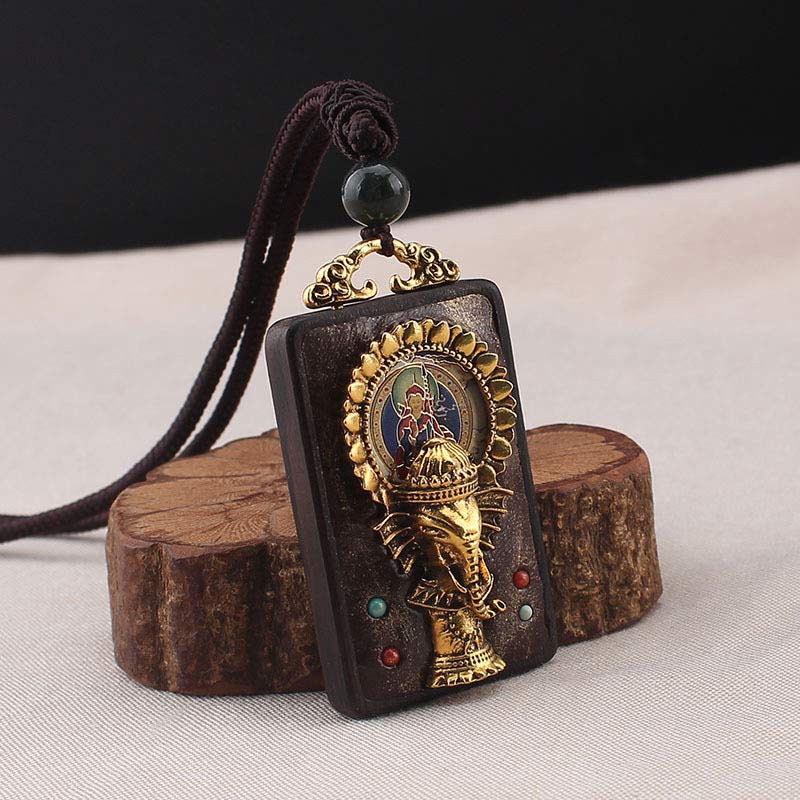 KarmaRipple's Ebony Wood Elephant God of Fortune Buddha Blessing Pendant String Necklace p1