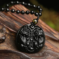 KarmaRipple's Black Obsidian Double Pixiu Bead Rope Purification Pendant Necklace