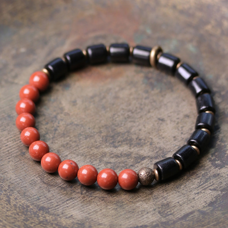 KarmaRipple's Ebony Wood Red Jasper Moss Agate Gemstone Bronze Peace Pair Bracelet p17