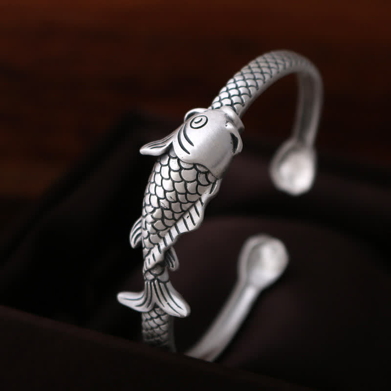 KarmaRipple's 990 Sterling Silver Koi Fish Lotus Fortune Wealth Bracelet Bangle p3
