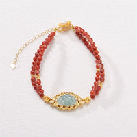 KarmaRipple's 925 Sterling Silver Plated Gold Authentic Red Agate Lotus Jade Calm Double Layer Bracelet