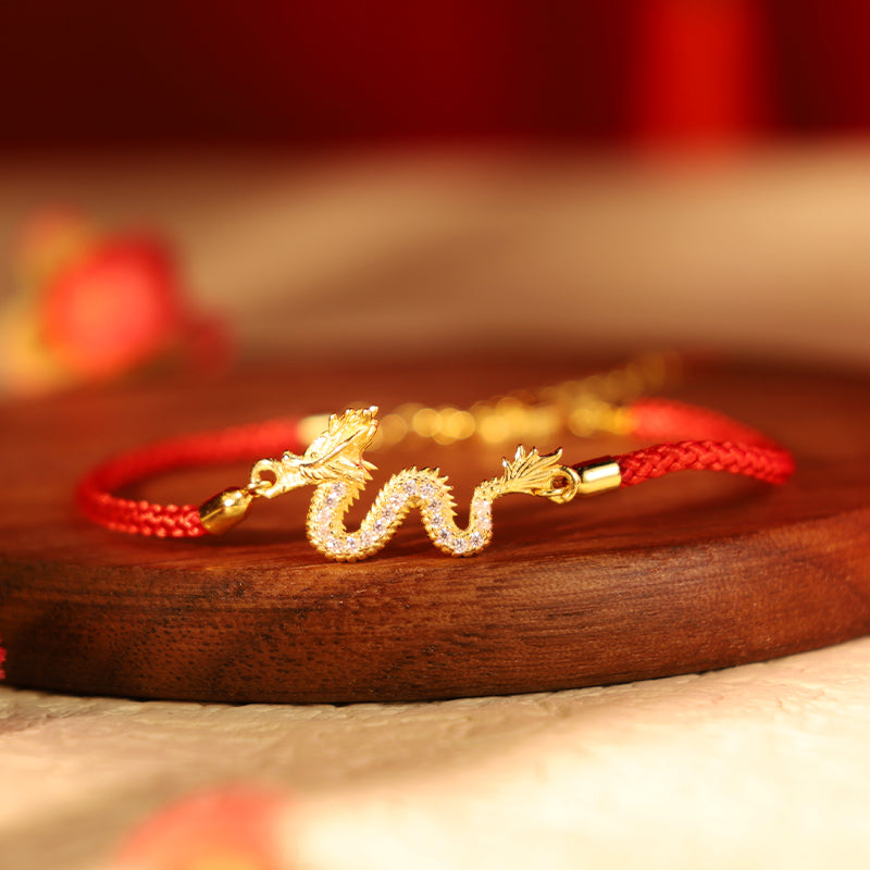 KarmaRipple's 925 Sterling Silver Year Of The Dragon Auspicious Golden Dragon Fortune Red Rope Chain Bracelet ( p1