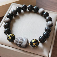 KarmaRipple's Authentic Silver Sheen Obsidian Black Obsidian Om Mani Padme Hum Pixiu Protection Bracelet