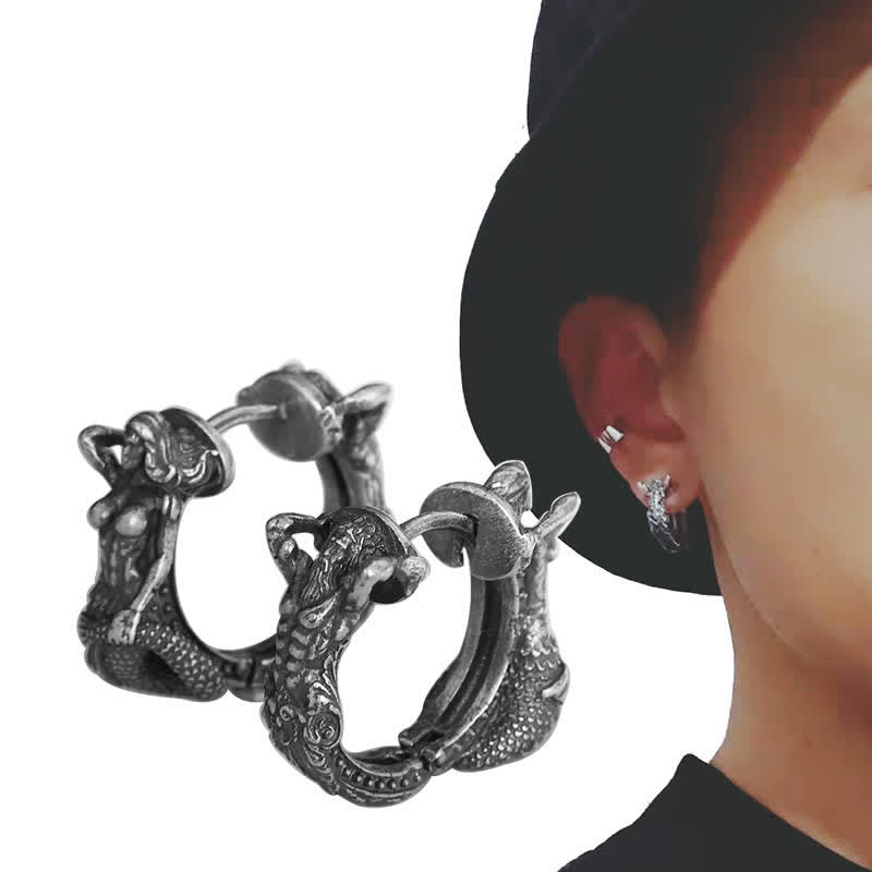 KarmaRipple's 925 Sterling Silver Dragon Hoop Pattern Protection Earrings p3