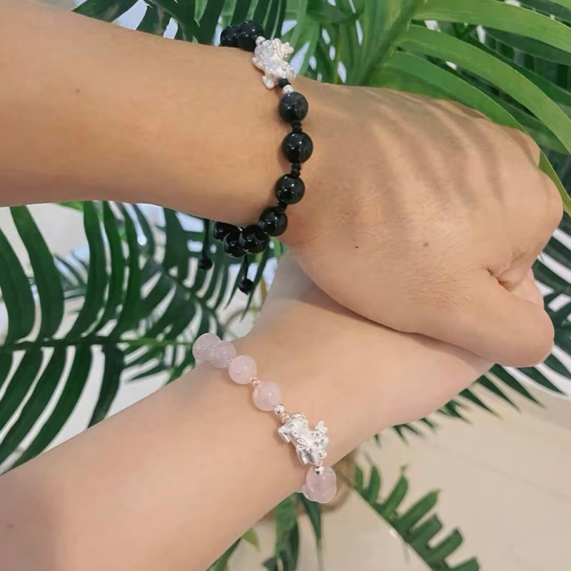 KarmaRipple's Authentic Black Obsidian Cat's Eye Pink Gemstone PiXiu Strength Bracelet p12