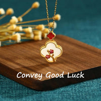 KarmaRipple's 24K Gold Plated Ivory Jade Four Leaf Clover Plum Blossom Fortune Pendant Necklace Earrings