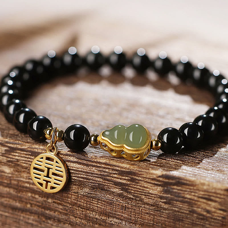 KarmaRipple's Authentic Black Obsidian Hetian Jade Gourd Double Happiness Strength Bracelet p12