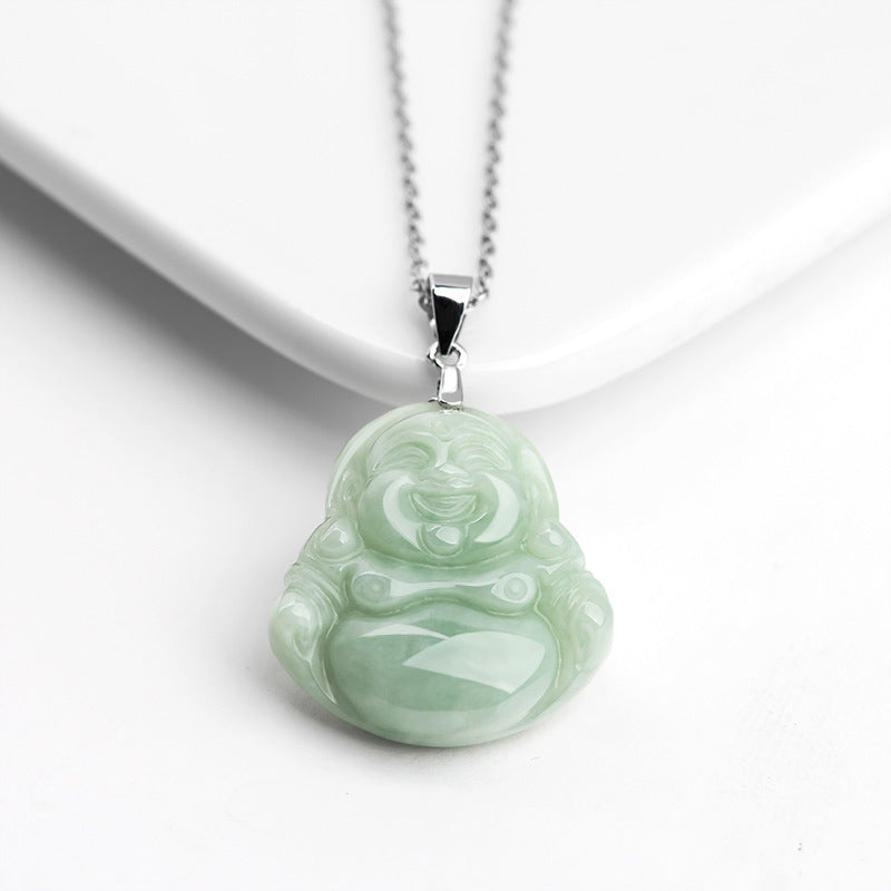 KarmaRipple's 925 Sterling Silver Laughing Buddha Jade Blessing Pendant Chain Necklace p4