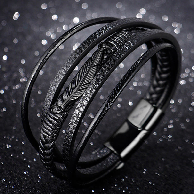 KarmaRipple's Feather Pattern Multilayer Leather Titanium Steel Calm Woven Magnetic Buckle Bracelet p10