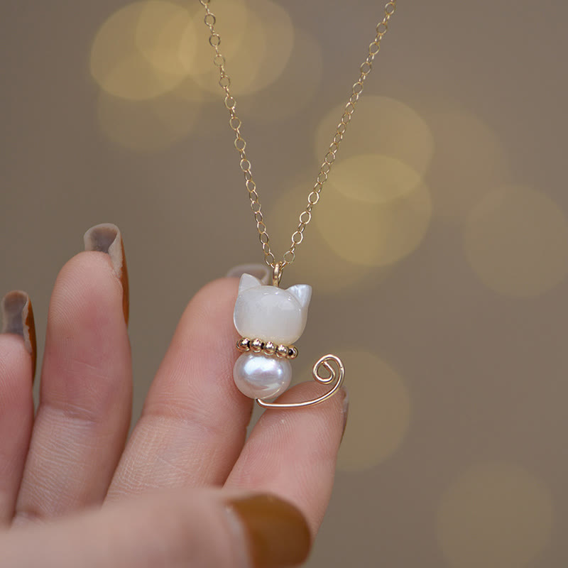 KarmaRipple's 14K Gold Plated Pearl Hetian Jade Shell Fortune Cat Kitten Pendant Necklace p4