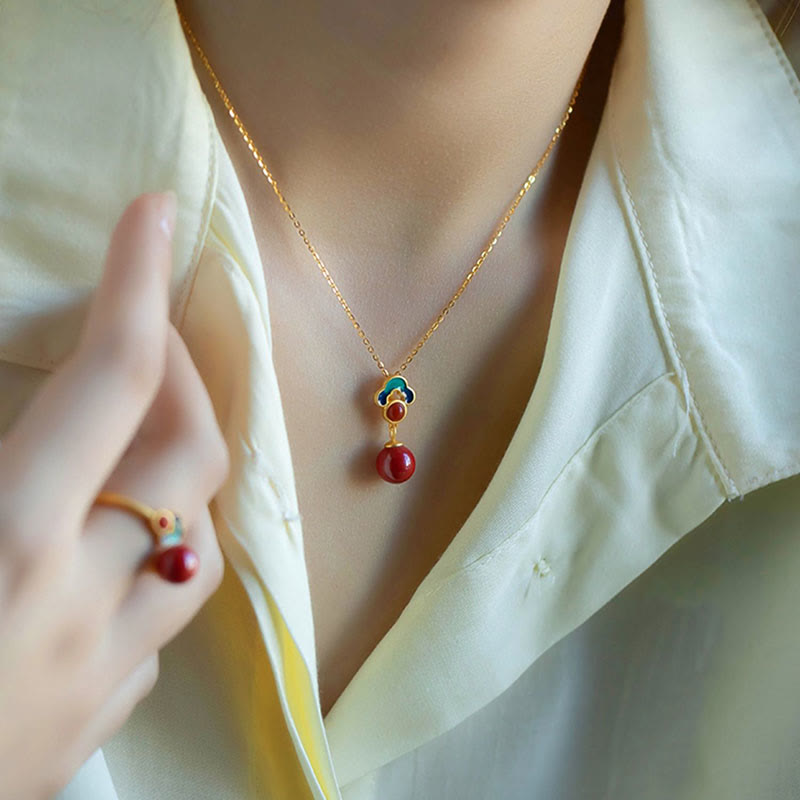 KarmaRipple's 925 Sterling Silver Plated Gold Cinnabar Red Agate Blessing Pendant Necklace Earrings Ring Set p6