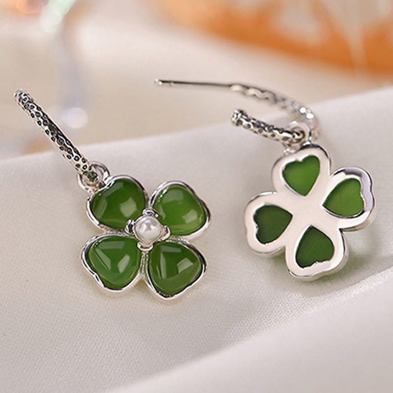 KarmaRipple's 925 Sterling Silver Authentic Cyan Jade Four Leaf Clover Fortune Success Earrings p6
