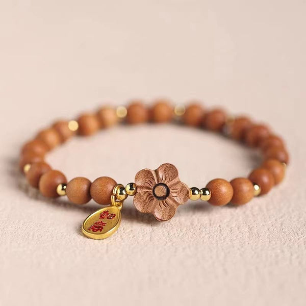KarmaRipple's Authentic Sandalwood Peach Blossom Small Leaf Red Sandalwood Ruyi Talisman Protection Bracelet