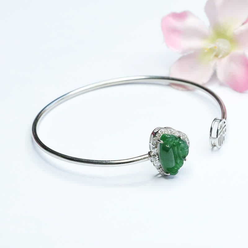KarmaRipple's 925 Sterling Silver Laughing Buddha Jade Fortune Bracelet Bangle p5