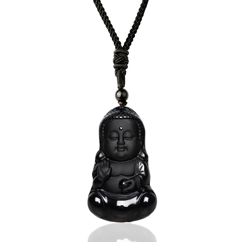 KarmaRipple's Authentic Black Obsidian Gemstone Buddha Strength Protection Amulet Fortunate Talisman Necklace Pendant p1