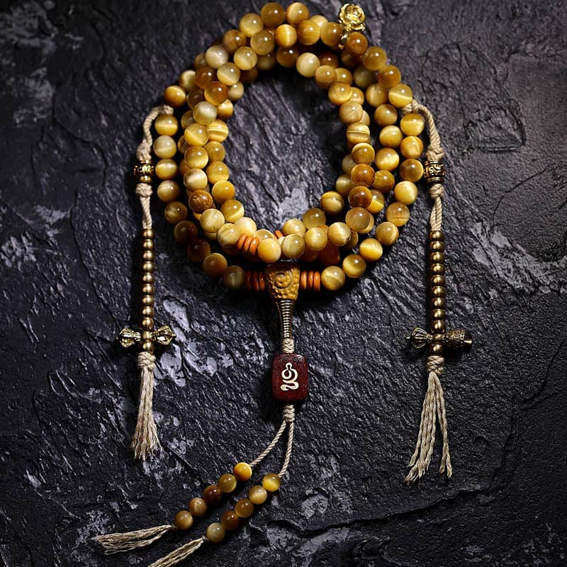KarmaRipple's 108 Mala Beadwork Authentic Tiger Eye Bronze Dorje Protection Tassel Bracelet p31
