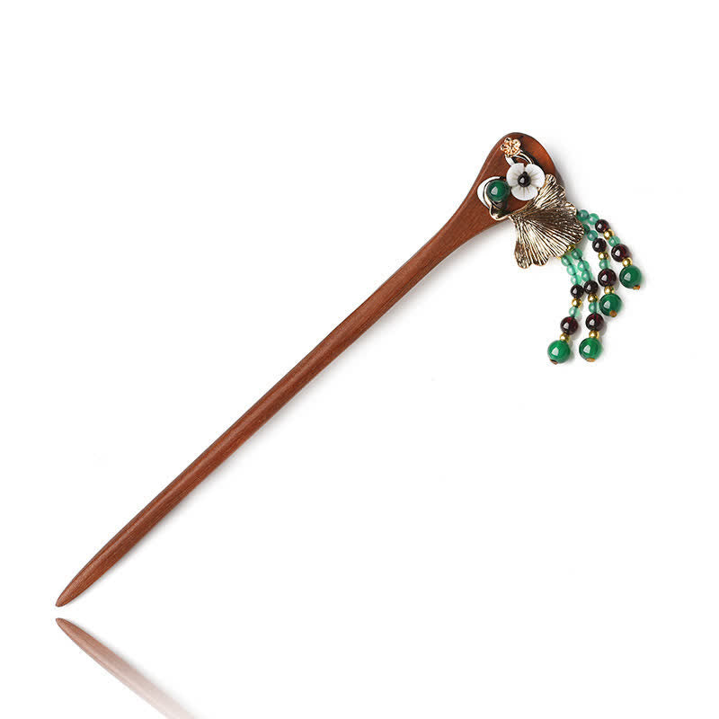 KarmaRipple's Red Sandalwood Green Agate Ginkgo Leaf Protection Hairpin p9