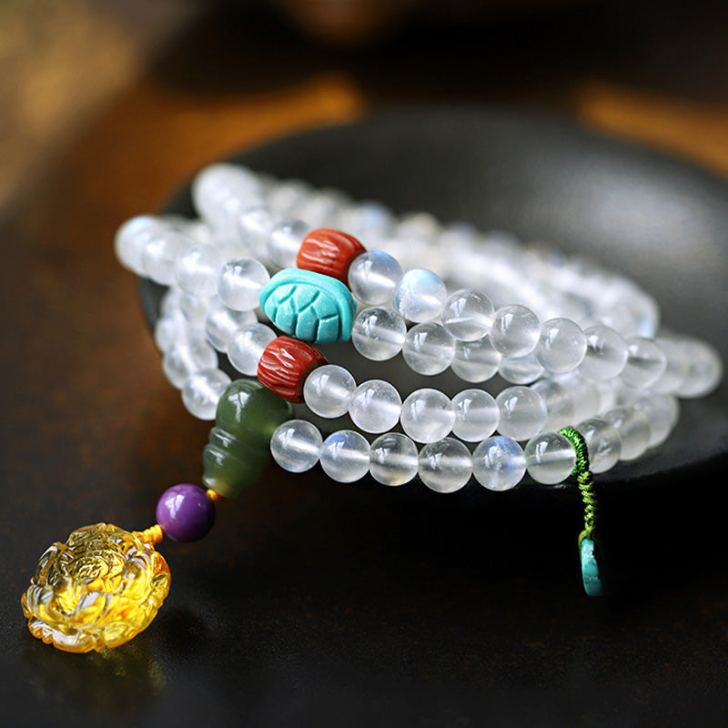 KarmaRipple's 108 Mala Beadwork Moonstone Amber Lotus Turquoise Gemstone Balancing Bracelet p2