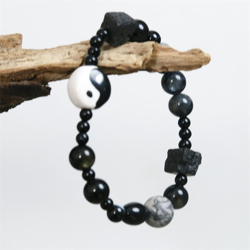 KarmaRipple's Black Onyx Picasso Jasper Bead Yin Yang Fortune Protection Bracelet p16