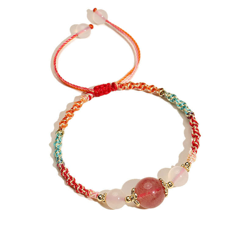 KarmaRipple's Strawberry Quartz Pink Gemstone Prehnite Ivory Agate Bead Balancing Rope Bracelet p8