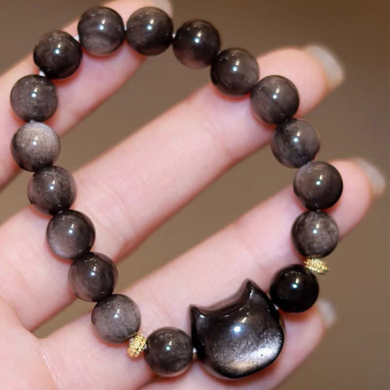 KarmaRipple's Gold Sheen Obsidian Silver Sheen Obsidian Lovely Paw Fortunate Cat Protection Bracelet p37