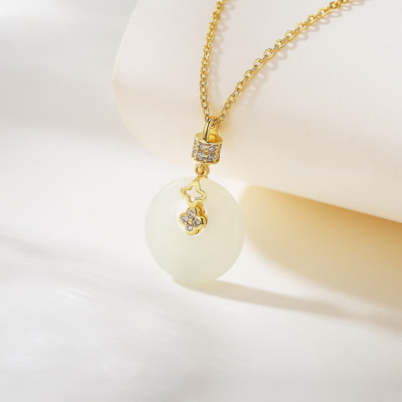 KarmaRipple's 925 Sterling Silver Hetian Ivory Jade Coin Flower Peace Buckle Fortune Pendant Necklace p1
