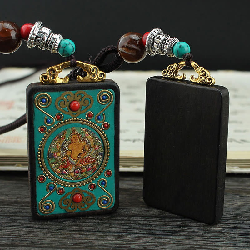 KarmaRipple's Tibet God Of Wealth Money Tree Golden Phoenix Thangka Ebony Peace Pendant Necklace p5