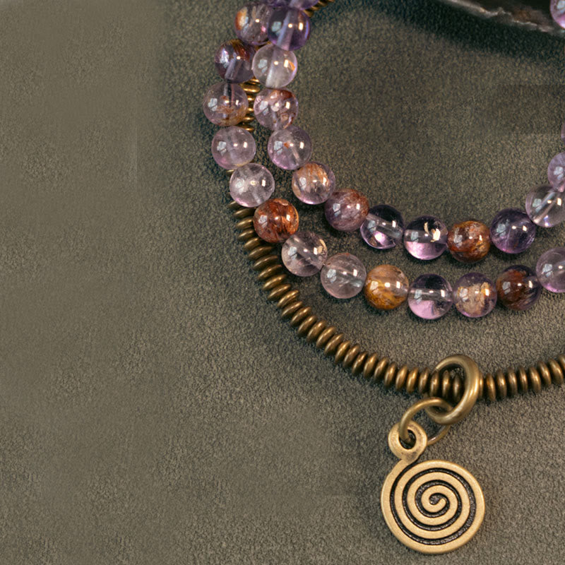KarmaRipple's Purple Phantom Red Hematoid Quartz Green Rutilated Quartz Bronze Love Forgive Bracelet p13